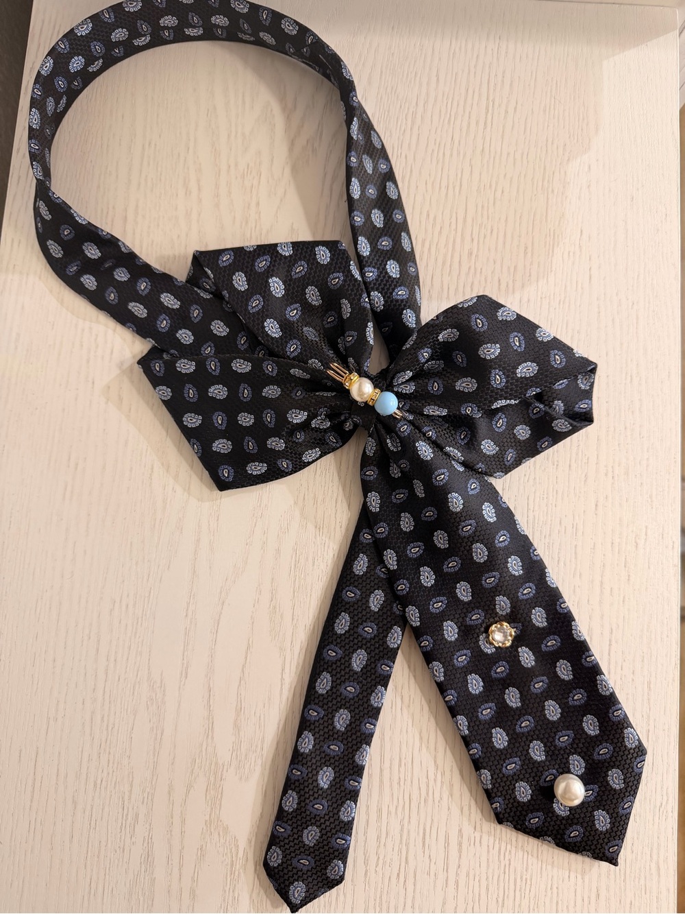 Black Paisley Bow Necklace with Bead Accents